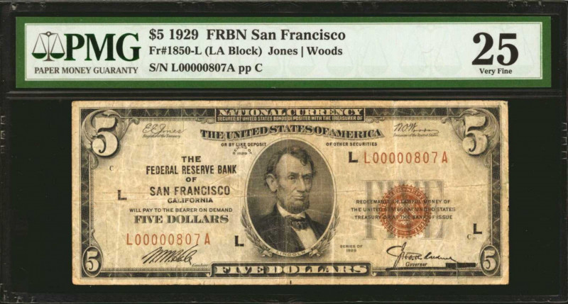 Fr. 1850-L. 1929 $5 Federal Reserve Bank Note. San Francisco. PMG Very Fine 25....