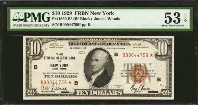 Fr. 1860-B*. 1929 $10 Federal Reserve Bank Star Note. New York. PMG About Uncirc...