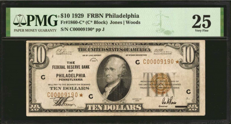 Fr. 1860-C*. 1929 $10 Federal Reserve Bank Star Note. Philadelphia. PMG Very Fin...