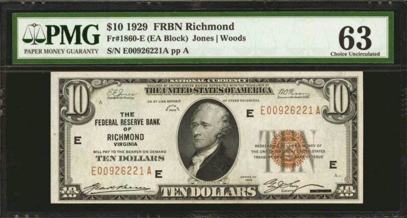 Fr. 1860-E. 1929 $10 Federal Reserve Bank Note. Richmond. PMG Choice Uncirculate...