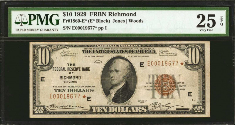 Fr. 1860-E*. 1929 $10 Federal Reserve Bank Star Note. Richmond. PMG Very Fine 25...
