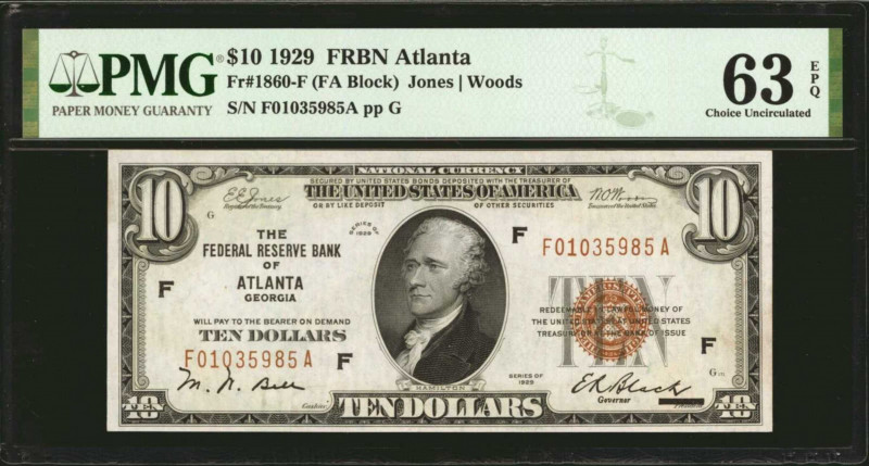 Fr. 1860-F. 1929 $10 Federal Reserve Bank Note. Atlanta. PMG Choice Uncirculated...