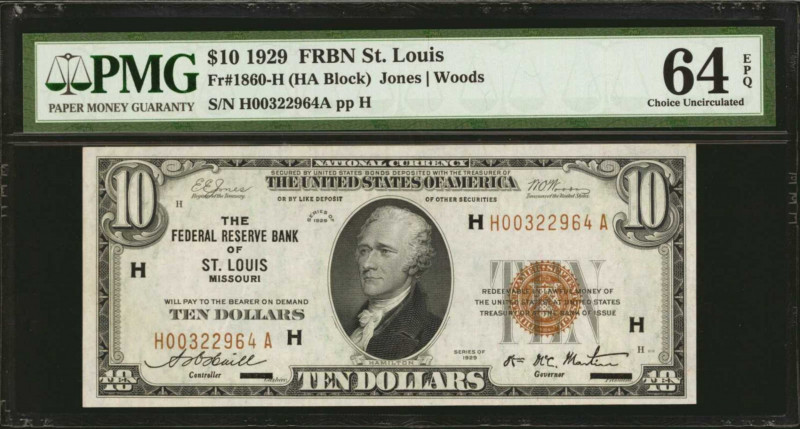 Fr. 1860-H. 1929 $10 Federal Reserve Bank Note. St. Louis. PMG Choice Uncirculat...