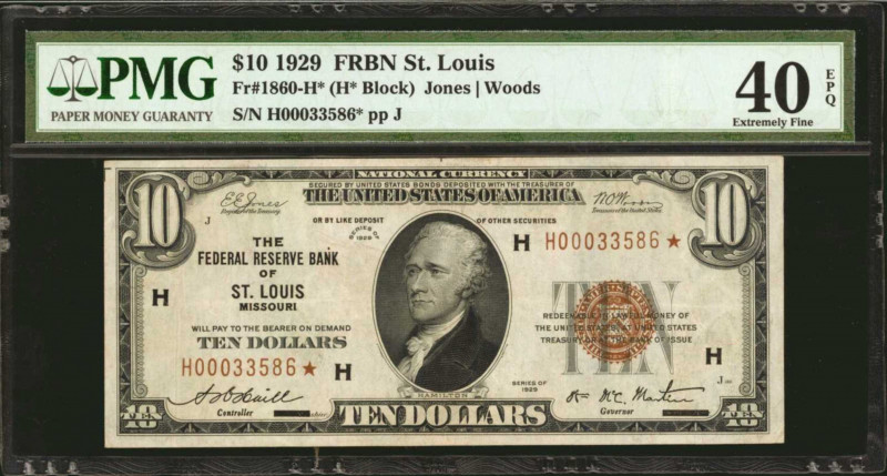 Fr. 1860-H*. 1929 $10 Federal Reserve Bank Star Note. St. Louis. PMG Extremely F...