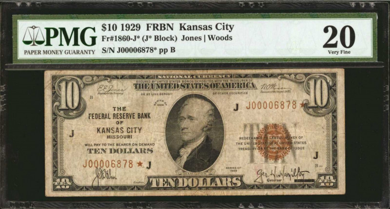 Fr. 1860-J*. 1929 $10 Federal Reserve Bank Star Note. Kansas City. PMG Very Fine...