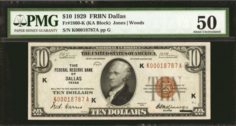 Fr. 1860-K. 1929 $10 Federal Reserve Bank Note. Dallas. PMG About Uncirculated 5...