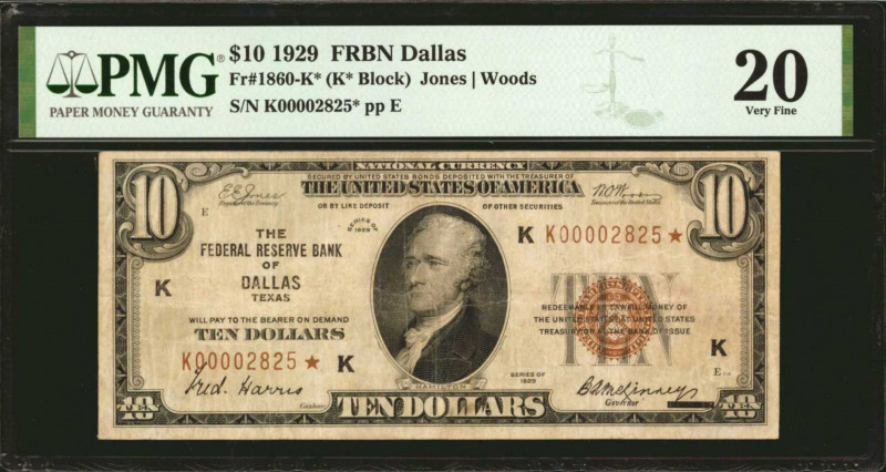 Fr. 1860-K*. 1929 $10 Federal Reserve Bank Star Note. Dallas. PMG Very Fine 20....