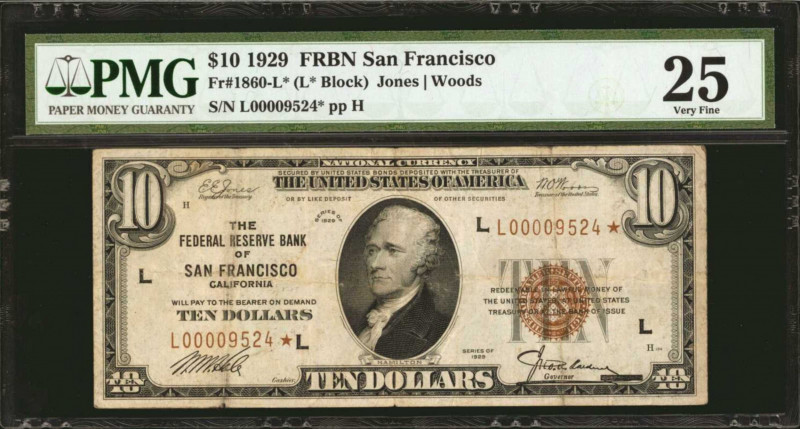 Fr. 1860-L*. 1929 $10 Federal Reserve Bank Star Note. San Francisco. PMG Very Fi...
