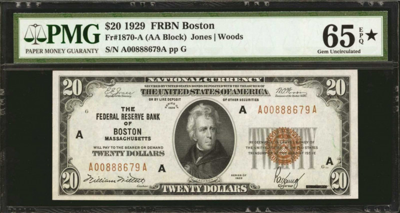 Fr. 1870-A. 1929 $20 Federal Reserve Bank Note. Boston. PMG Gem Uncirculated 65 ...