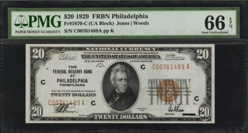 Fr. 1870-C. 1929 $20 Federal Reserve Bank Note. Philadelphia. PMG Gem Uncirculat...