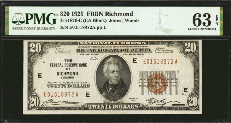 Fr. 1870-E. 1929 $20 Federal Reserve Bank Note. Richmond. PMG Choice Uncirculate...
