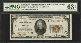 Fr. 1870-G. 1929 $20 Federal Reserve Bank Note. Chicago. PMG Choice Uncirculated 63 EPQ.

Aside from a tight top margin, this $20 has excellent embo...