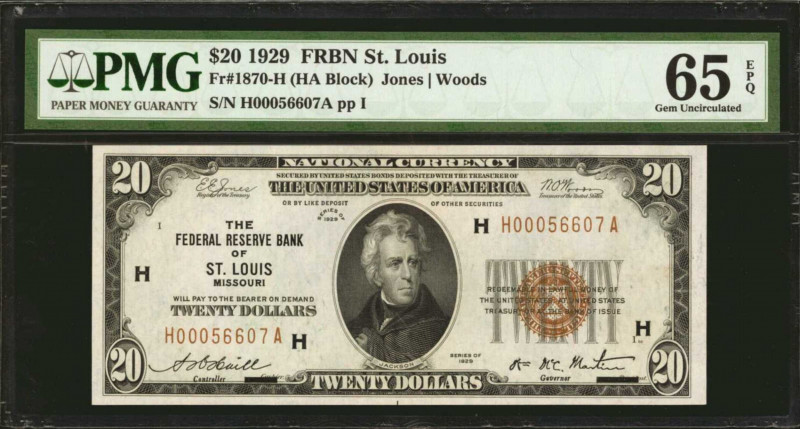 Fr. 1870-H. 1929 $20 Federal Reserve Bank Note. St. Louis. PMG Gem Uncirculated ...