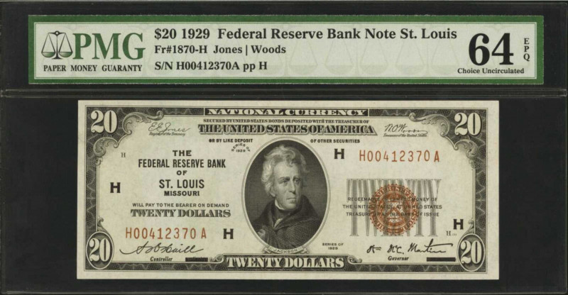 Fr. 1870-H. 1929 $20 Federal Reserve Bank Note. St. Louis. PMG Choice Uncirculat...