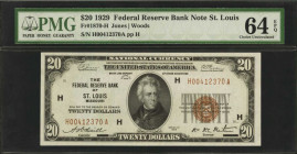 Fr. 1870-H. 1929 $20 Federal Reserve Bank Note. St. Louis. PMG Choice Uncirculated 64 EPQ.

Bright paper, dark ink and attractive embossing are noti...