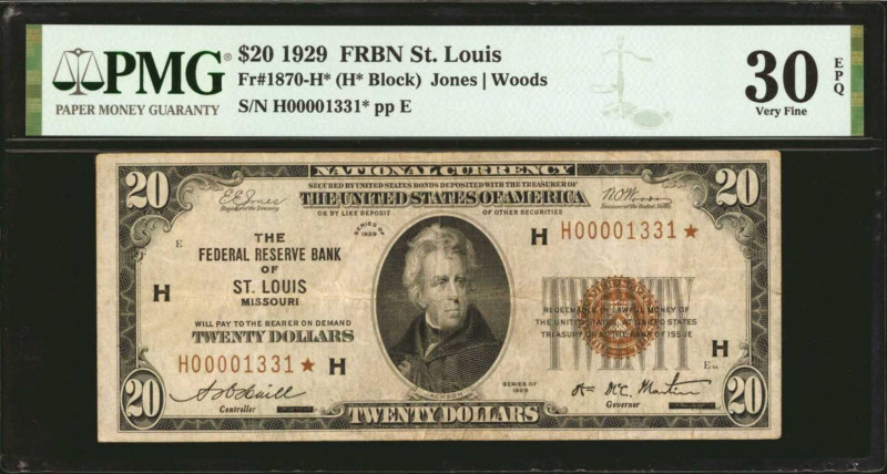 Fr. 1870-H*. 1929 $20 Federal Reserve Star Bank Note. St. Louis. PMG Very Fine 3...