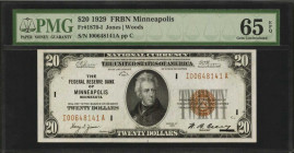 Fr. 1870-I. 1929 $20 Federal Reserve Bank Note. Minneapolis. PMG Gem Uncirculated 65 EPQ.

An utterly original Minneapolis FRBN with impressive embo...