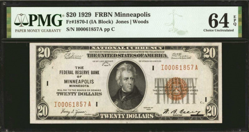 Fr. 1870-I. 1929 $20 Federal Reserve Bank Note. Minneapolis. PMG Choice Uncircul...