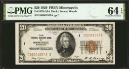 Fr. 1870-I. 1929 $20 Federal Reserve Bank Note. Minneapolis. PMG Choice Uncirculated 64 EPQ.

Deeply embossed overprints and seen with quality that ...