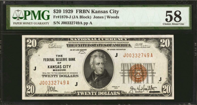 Fr. 1870-J. 1929 $20 Federal Reserve Bank Note. Kansas City. PMG Choice About Un...
