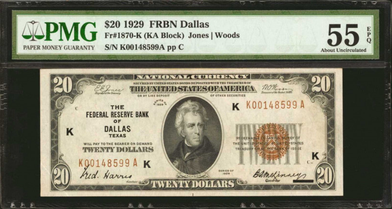 Fr. 1870-K. 1929 $20 Federal Reserve Bank Note. Dallas. PMG About Uncirculated 5...
