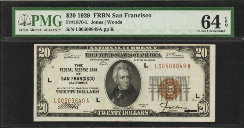 Fr. 1870-L. 1929 $20 Federal Reserve Bank Note. San Francisco. PMG Choice Uncirc...