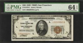 Fr. 1870-L. 1929 $20 Federal Reserve Bank Note. San Francisco. PMG Choice Uncirculated 64 EPQ.

One of a desirable grouping of 1929 Federal Reserve ...
