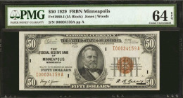 Fr. 1880-I. 1929 $50 Federal Reserve Bank Note. Minneapolis. PMG Choice Uncirculated 64 EPQ.

An impressive $50 offering on this Minneapolis distric...