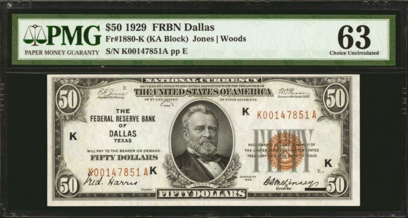 Fr. 1880-K. 1929 $50 Federal Reserve Bank Note. Dallas. PMG Choice Uncirculated ...