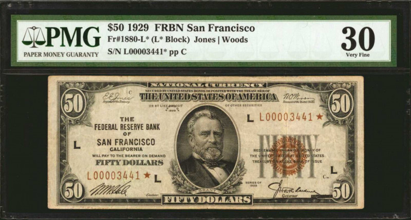 Fr. 1880-L*. 1929 $50 Federal Reserve Bank Star Note. San Francisco. PMG Very Fi...