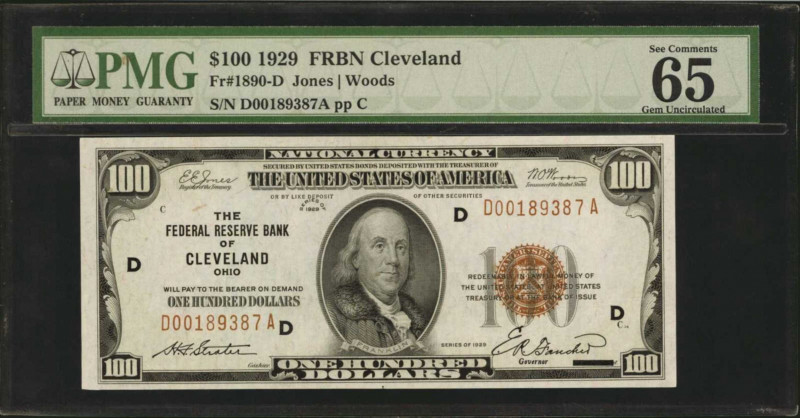 Fr. 1890-D. 1929 $100 Federal Reserve Bank Note. Cleveland. PMG Gem Uncirculated...
