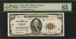 Fr. 1890-D. 1929 $100 Federal Reserve Bank Note. Cleveland. PMG Gem Uncirculated 65.

A lofty Gem graded note that displays terrific originality, lo...