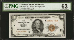 Fr. 1890-E. 1929 $100 Federal Reserve Bank Note. Richmond. PMG Choice Uncirculated 63.

A scarcer district in this grade level. This pack fresh note...
