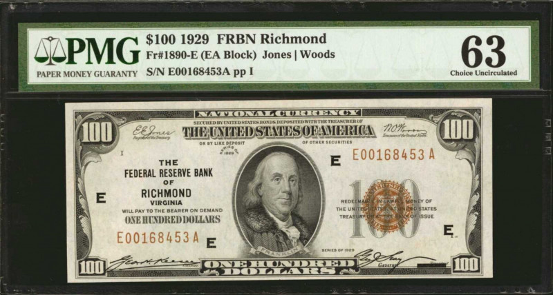 Fr. 1890-E. 1929 $100 Federal Reserve Bank Note. Richmond. PMG Choice Uncirculat...