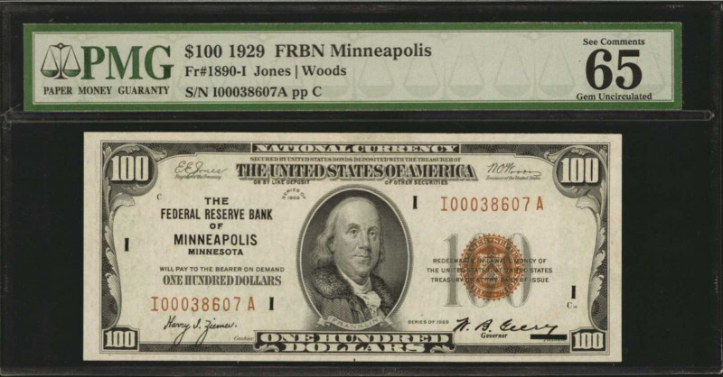 Fr. 1890-I. 1929 $100 Federal Reserve Bank Note. Minneapolis. PMG Gem Uncirculat...
