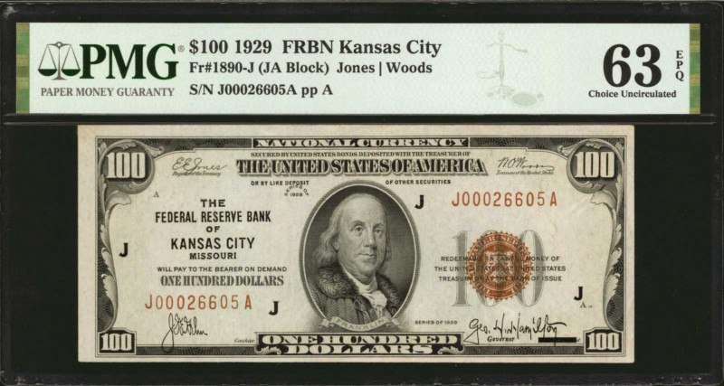 Fr. 1890-J. 1929 $100 Federal Reserve Bank Note. Kansas City. PMG Choice Uncircu...