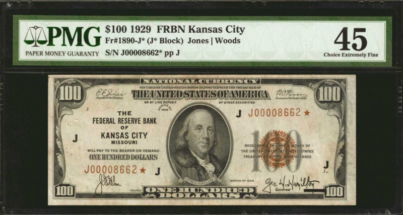 Fr. 1890-J*. 1929 $100 Federal Reserve Bank Star Note. Kansas City. PMG Choice E...