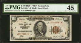 Fr. 1890-J*. 1929 $100 Federal Reserve Bank Star Note. Kansas City. PMG Choice Extremely Fine 45.

This striking replacement shows with nice appeal....