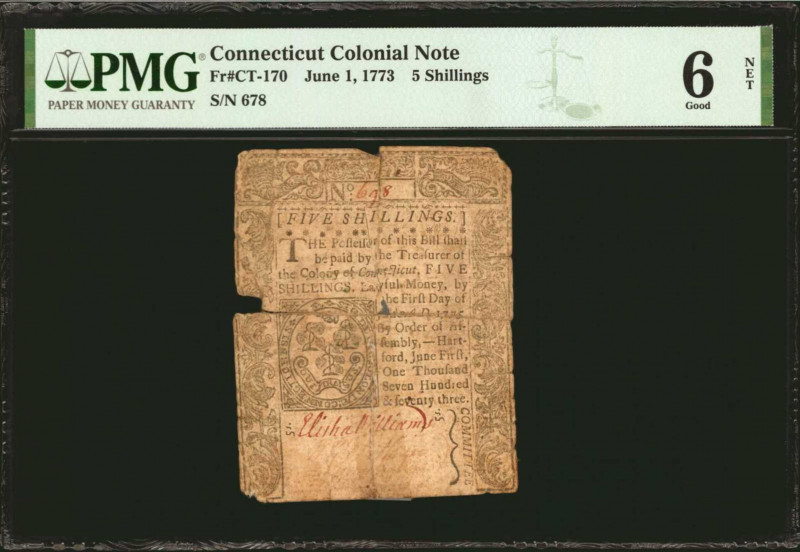 CT-170. Connecticut. June 1, 1773. 5 Shillings. PMG Good 6 Net. Tape Repairs.
...