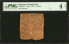 DE-62. Delaware. June 1, 1759. 18 Pence. PMG Good 4 Net. Backed.

No. Unknown. An extremely elusive low denomination note from the series. At the ti...