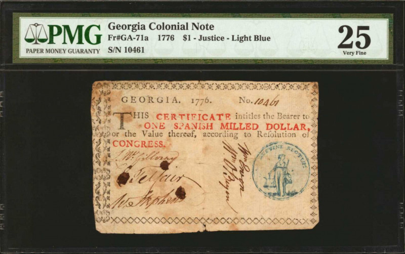 GA-71a. Georgia. 1776. $1. PMG Very Fine 25.

No. 10461. Justice-Light Blue. T...
