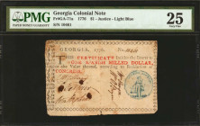 GA-71a. Georgia. 1776. $1. PMG Very Fine 25.

No. 10461. Justice-Light Blue. This note is signed by Edward Telfair, whom was Governor of Georgia at ...