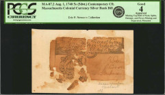 MA-87.2. Maryland. August 1, 1740. 5 Shillings. PCGS Currency Good 4 Apparent. Missing Top Half of Note; Splits, Damage, and Pieces Missing and Separa...