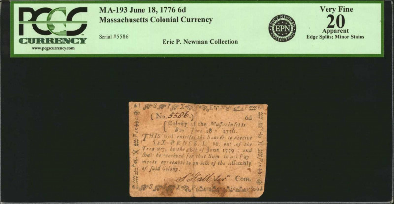 MA-193. Massachusetts. June 18, 1776. 6d. PCGS Currency Very Fine 20 Apparent. E...
