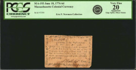 MA-193. Massachusetts. June 18, 1776. 6d. PCGS Currency Very Fine 20 Apparent. Edge Splits, Minor Stains.

No. 5586. A scarce low denomination note ...