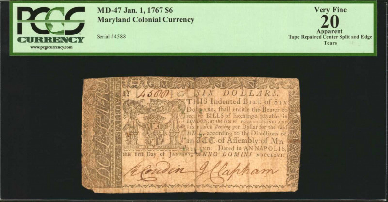 MD-47. Maryland. January 1, 1767. $6. PCGS Currency Very Fine 20 Apparent. Tape ...