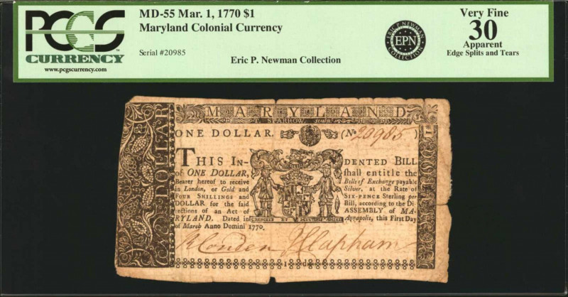 MD-55. Maryland. March 1, 1770. $1. PCGS Currency Very Fine 30 Apparent. Edge Sp...