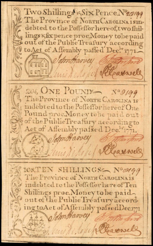 Uncut Strip of (3) NC-136b-138-139. North Carolina. 1771. 2 Shillings 6 Pence-1 ...