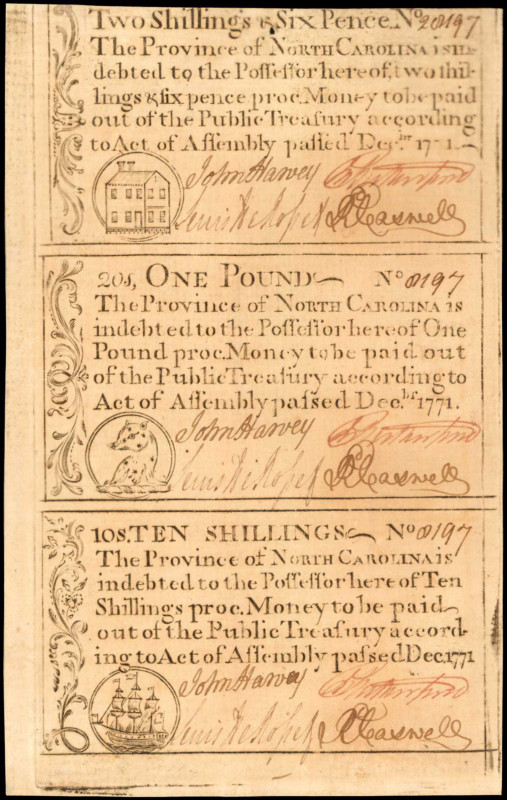 Uncut Strip of (3) NC-136b-138-139. North Carolina. 1771. 2 Shillings 6 Pence-1 ...