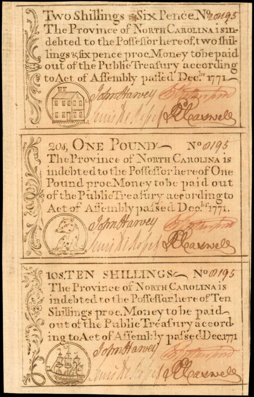 Uncut Strip of (3) NC-136b-138-139. North Carolina. 1771. 2 Shillings 6 Pence-1 ...